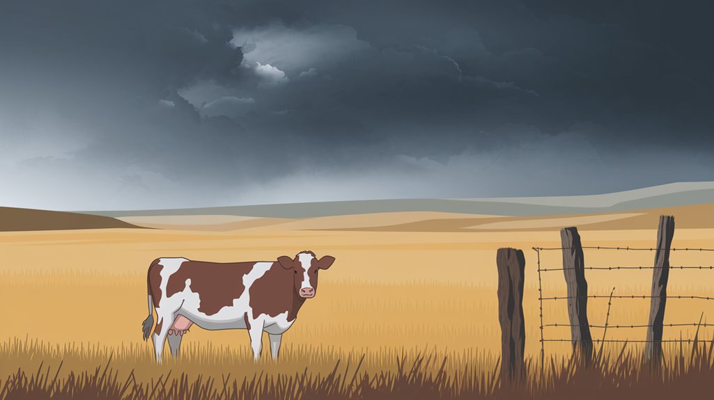 Illustration of a brown and white cow in a golden field with a stormy sky and a wooden fence on the right.