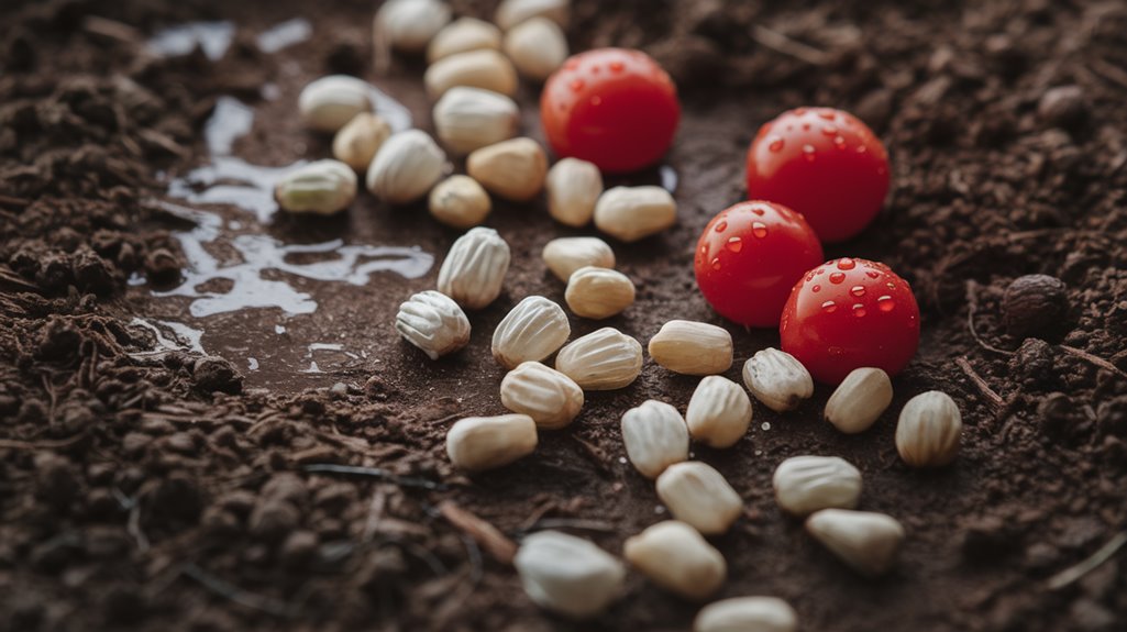 Red cherry tomatoes and light-colored seeds scattered on dark, damp soil.