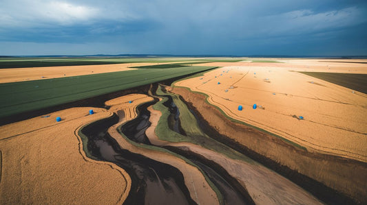 Aerial view of farmland with winding dark stream cutting through golden and green fields under a cloudy sky.