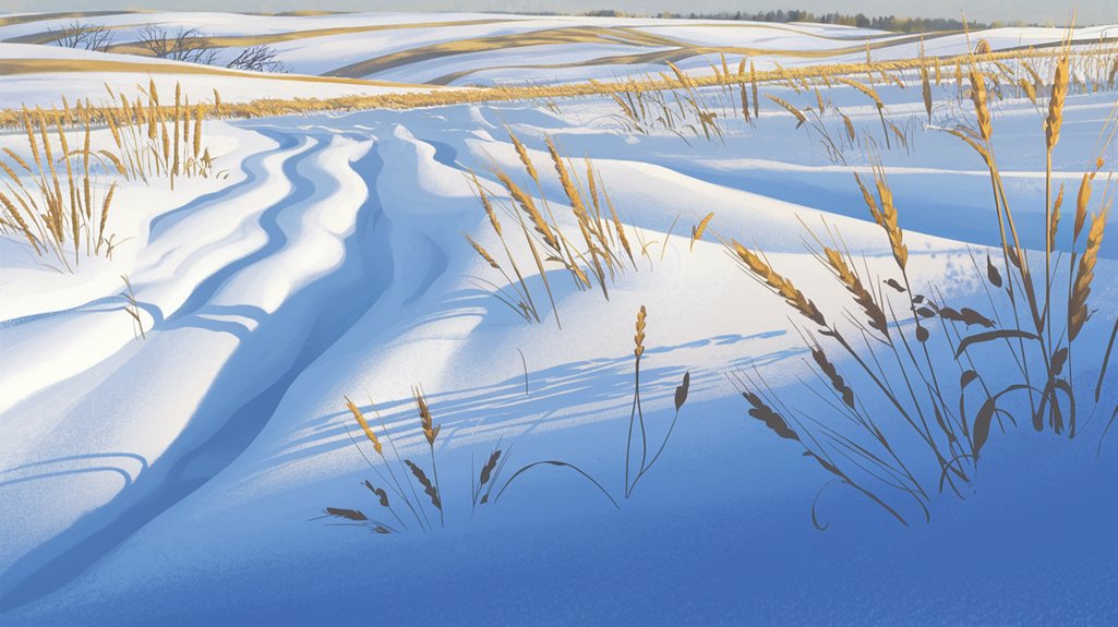 Snow-covered fields with tire tracks and tall grasses under a blue sky. Rolling hills in the background.