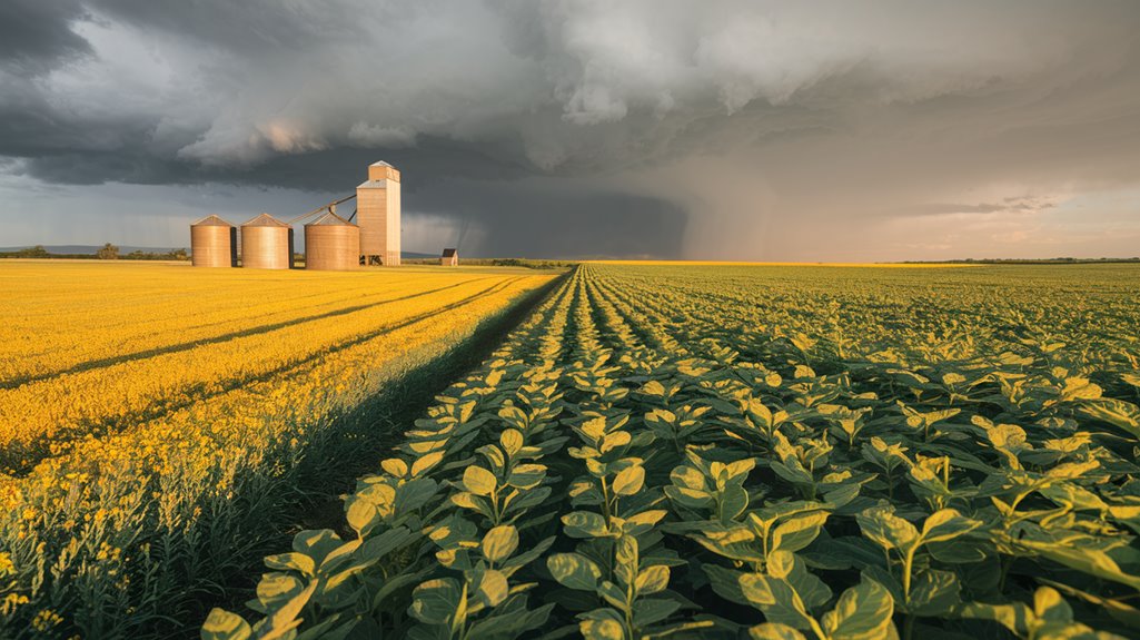 Crop field with a stormy sky, silos in the distance, and sunlight highlighting the green and yellow plants.