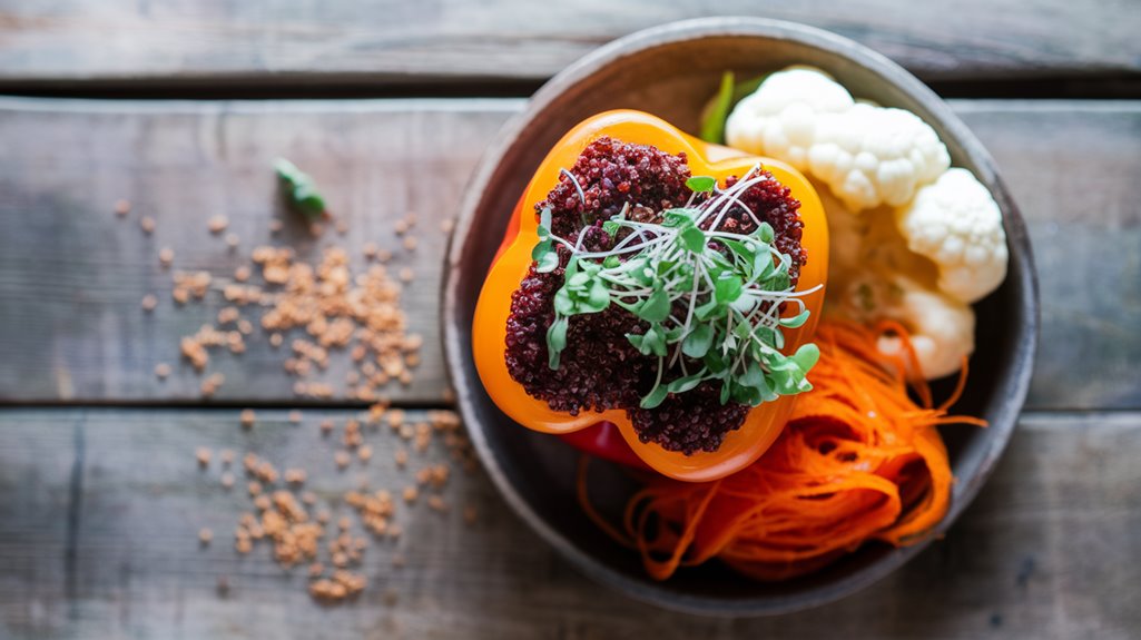 A bowl with a stuffed bell pepper, cauliflower, and shredded carrots on a wooden table.