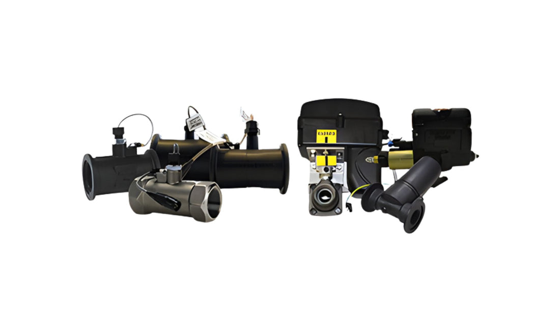 A set of flow meters and valves with attached cables and labels, designed for controlling and measuring fluid or gas flow in industrial applications.