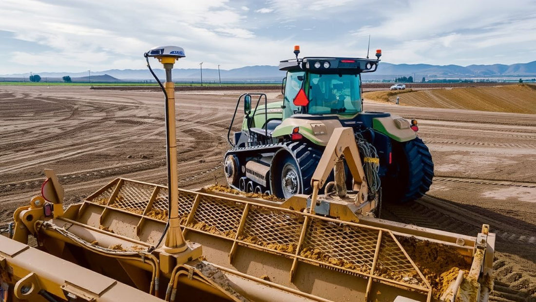 A tractor with large treaded wheels grades a wide, freshly plowed field under a cloudy sky with distant mountains.