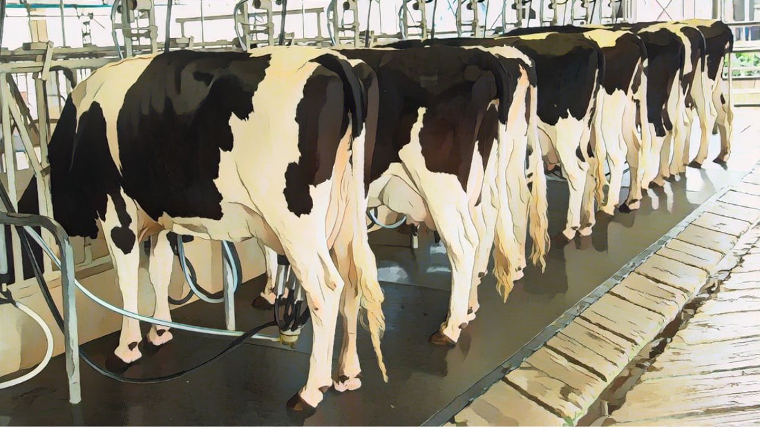 Cows lined up in a milking parlor, attached to milking machines.