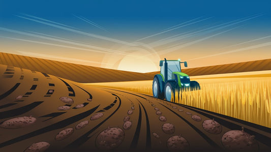 Illustration of a tractor plowing a field with rolling hills and a sunrise in the background.