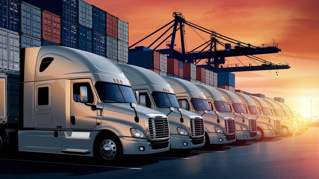 A row of trucks lined up at a shipping port, with cranes and stacked containers in the background at sunset.