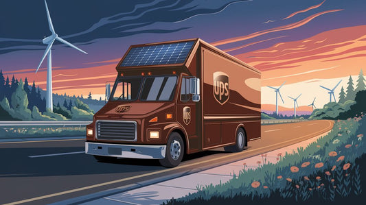 Illustration of a UPS truck with solar panels driving on a road at sunset, surrounded by wind turbines and trees.