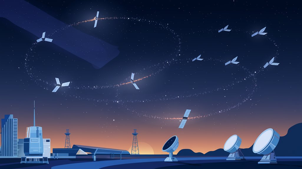 Illustration of satellites orbiting Earth above a city with satellite dishes, under a starry night sky.