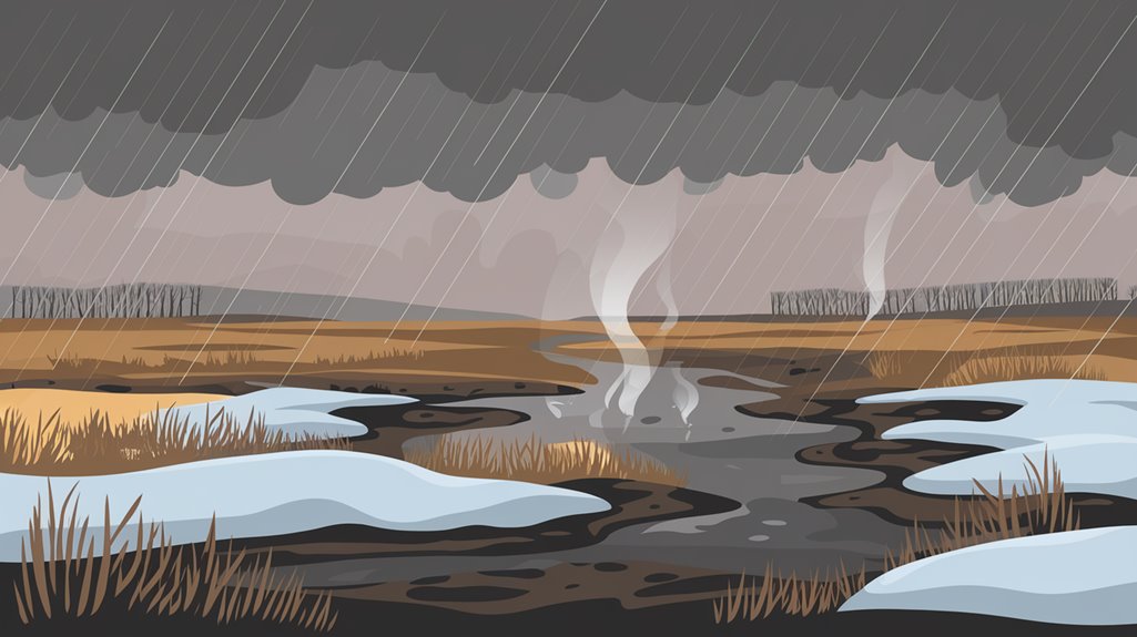 Illustration of a marshy landscape with rain and steam rising, dark clouds overhead, and patches of snow on the ground.