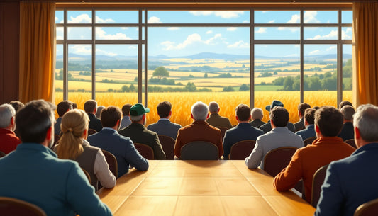 A group of people in a conference room facing a large window overlooking sunny fields and distant hills.