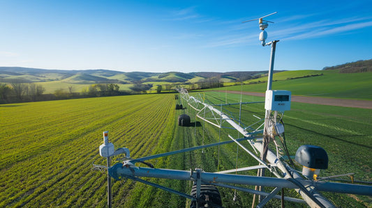 Aerial view of a lush green farm with several irrigation pipes and flow meters visible, a GPS antenna mounted on a nearby tractor, surrounded by rolling hills and vast fields under a clear blue sky. 