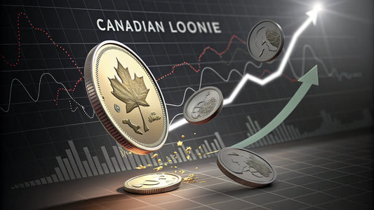 Canadian coins and upward stock graph on a chart background labeled "Canadian Loonie.