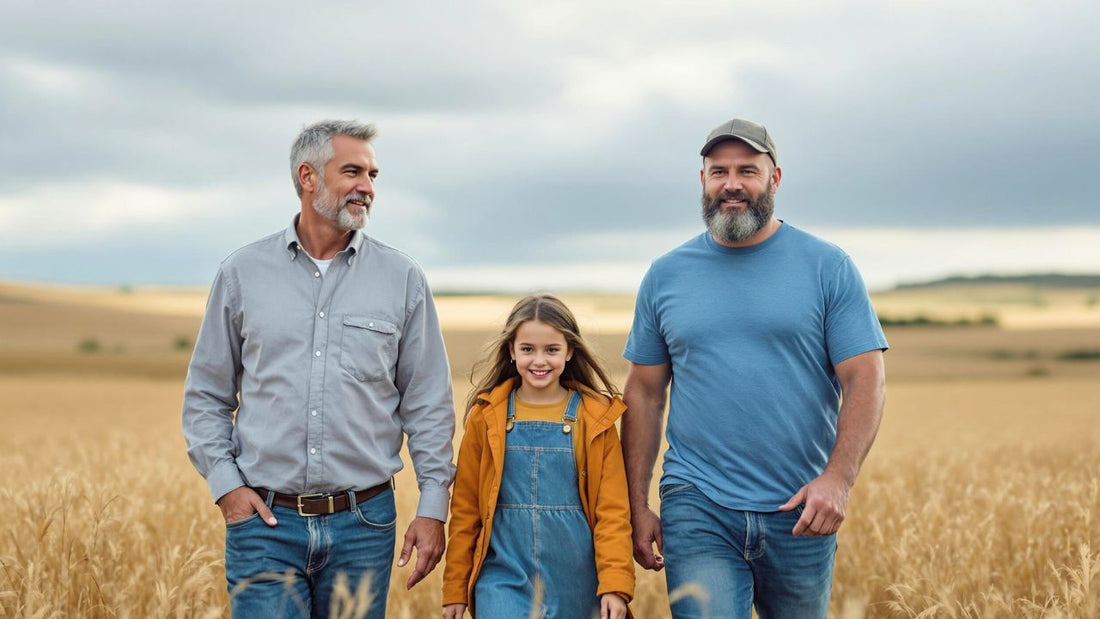 A young girl walks through a wheat field with two men. They're enjoying the day under a cloudy sky.