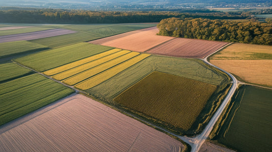 Aerial view of a patchwork of colorful agricultural fields and a road, bordered by a forest and distant hills.