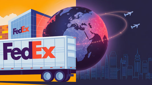 FedEx truck, globe with flight paths, and city skyline illustrating global delivery and logistics.