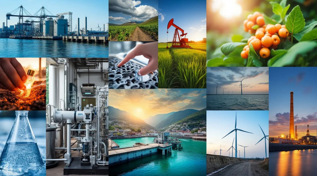 Collage of various industrial sectors, including agriculture, oil extraction, renewable energy (wind turbines), water treatment, chemical processes, and energy production, highlighting diverse aspects of modern industry and sustainable technologies.