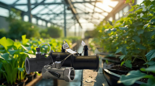 Raven flow meters displayed in a greenhouse setting, surrounded by vibrant green plants, indicating use in agricultural irrigation or fluid management systems for controlled environments.