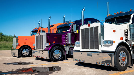 Three brightly colored semi-trucks—orange, purple, and white—lined up in a parking lot under a clear blue sky.