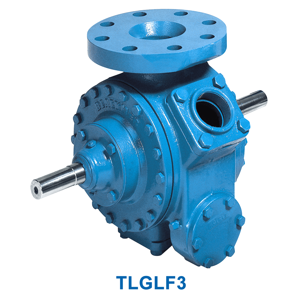 Blackmer Sliding Vane Pump - 3" flanged with double-ended shafts and a top flange for direct mounting, labeled "TLGLF3C" underneath.