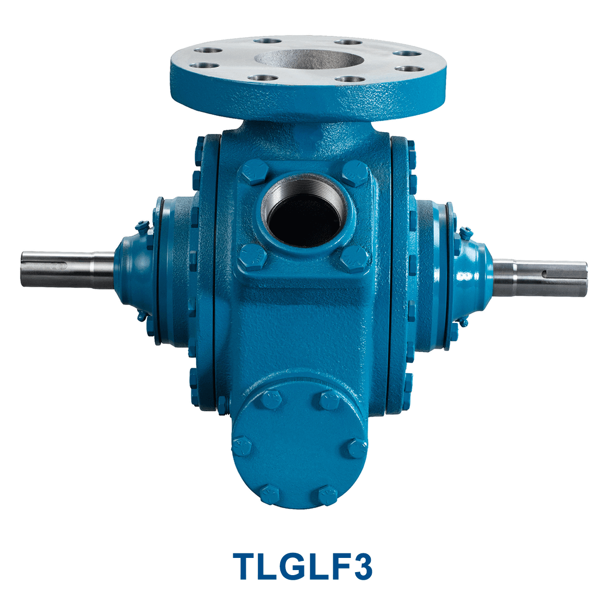 Blue Blackmer Sliding Vane Pump - 3" Flanged with double-ended shaft and direct flange mounting on the top. Text below reads "TLGLF3C". Ideal for applications involving LPG and NH3, this unit parallels the efficiency of an industrial rotary gear pump.