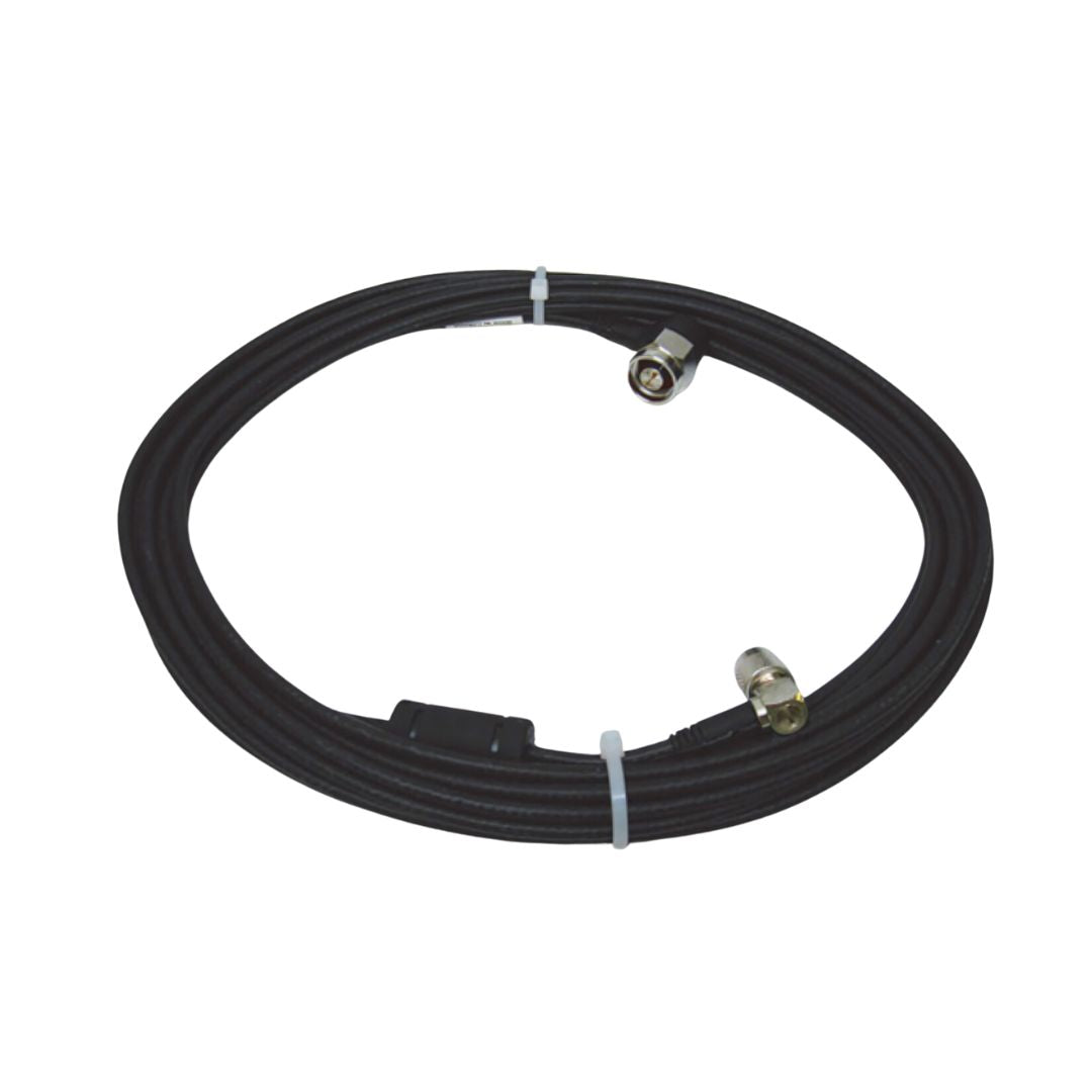 The Outback Antenna Cable 26 ft (050-0033-002#), a black coiled coaxial cable with metal connectors at both ends, secured by white cable ties, is ideal for enhancing GPS signal strength in precision agriculture setups.