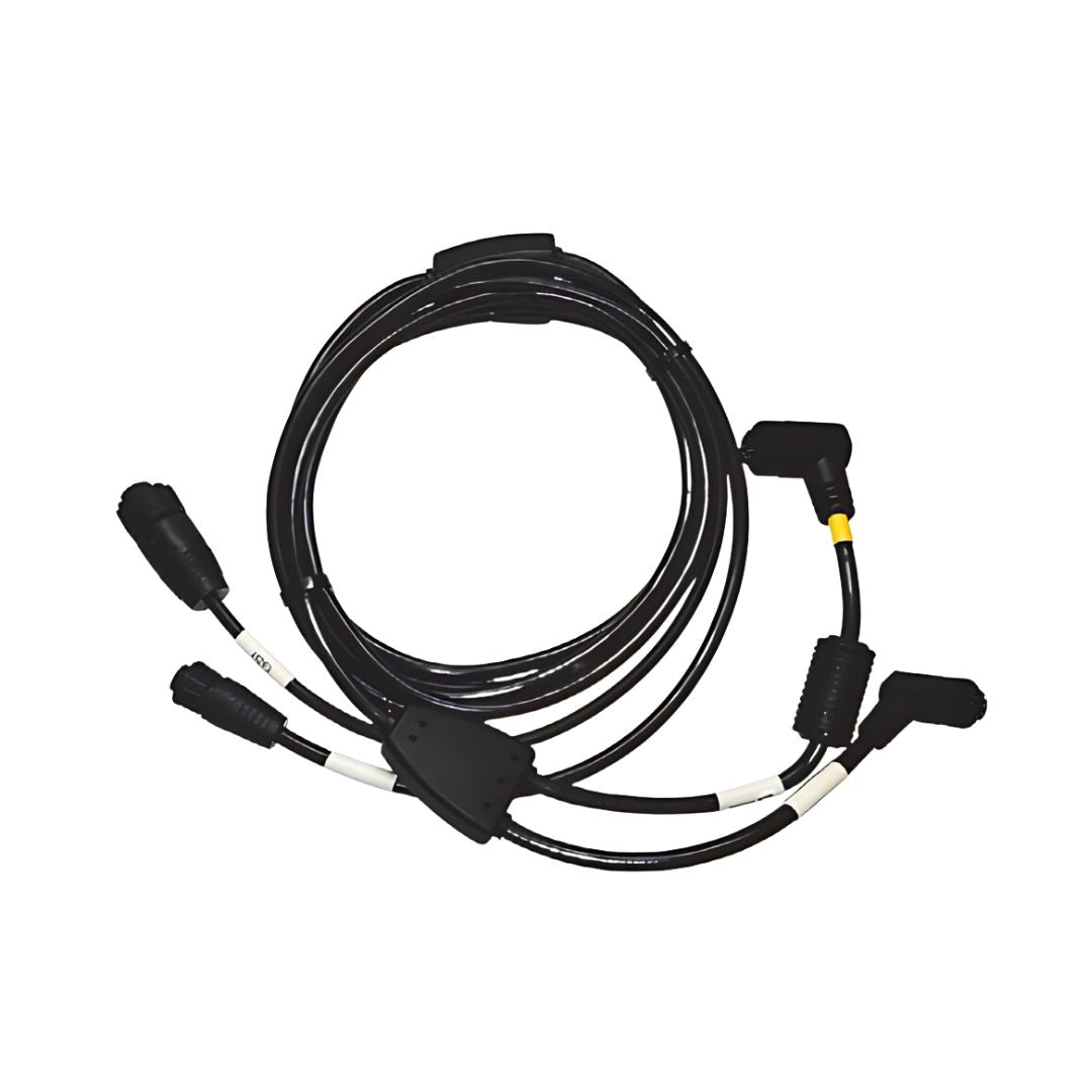 Black coiled cable assembly with multiple connectors at each end for specialized equipment or devices.
