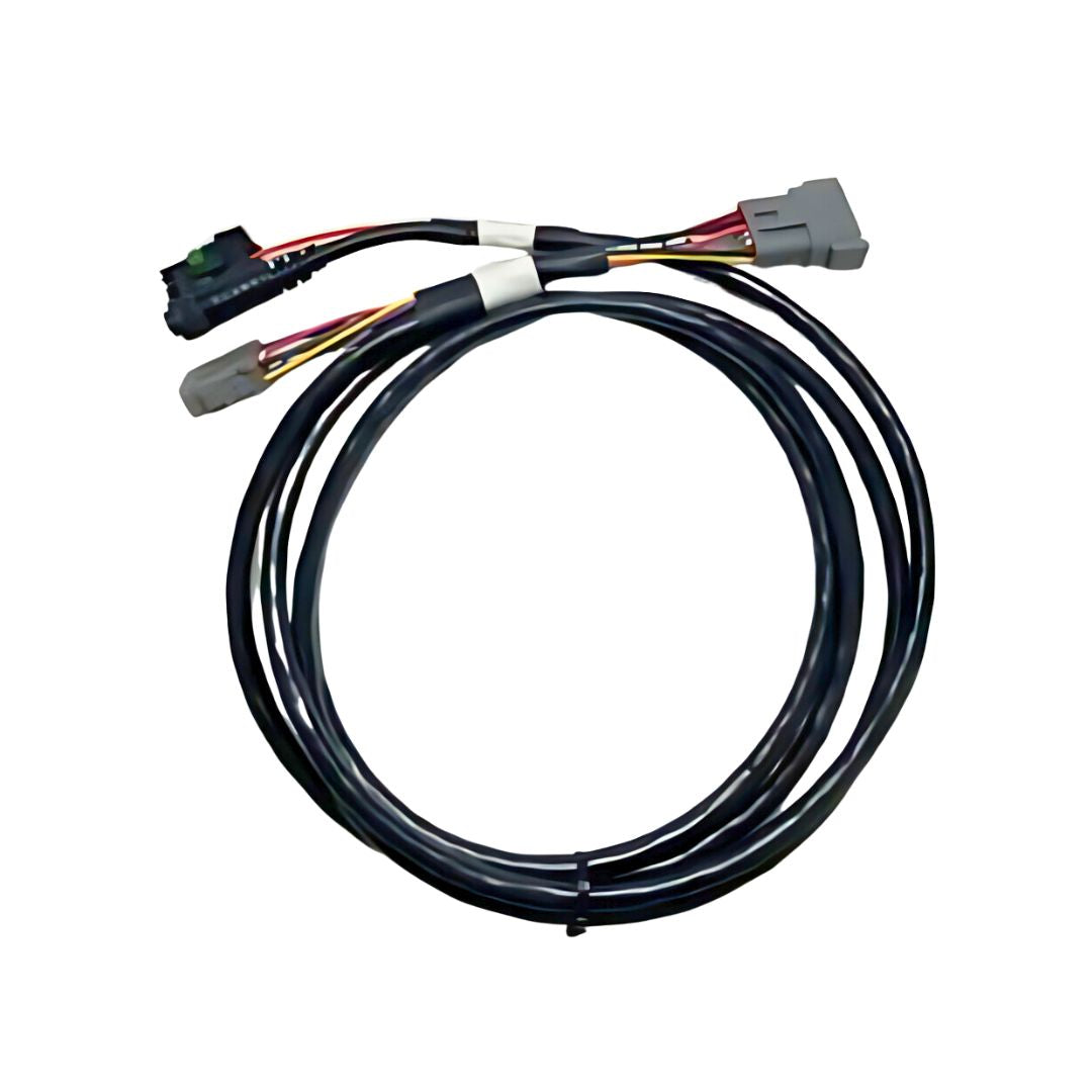 A coiled black Cable 4-pin MaveriX to AC110 | Power (051-0437-10#) with connectors at both ends against a white background, perfect for the Outback MaveriX monitor.