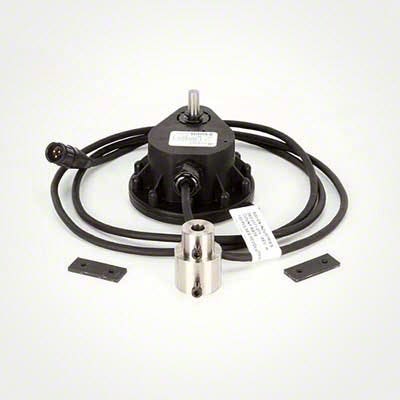 The Raven Precision Granular Encoder (180 CPR) 50 RPM Max, crafted for industrial automation, showcases a black rotary encoder with cables and a metal coupling set against a white background, providing precise solutions for diverse applications.