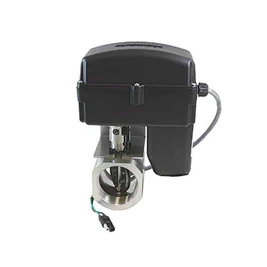 An industrial electric actuator with a black casing, attached to the Raven Control Valve - 2" NPT Butterfly, Stainless Steel (063-0172-177), designed for automated fluid control.
