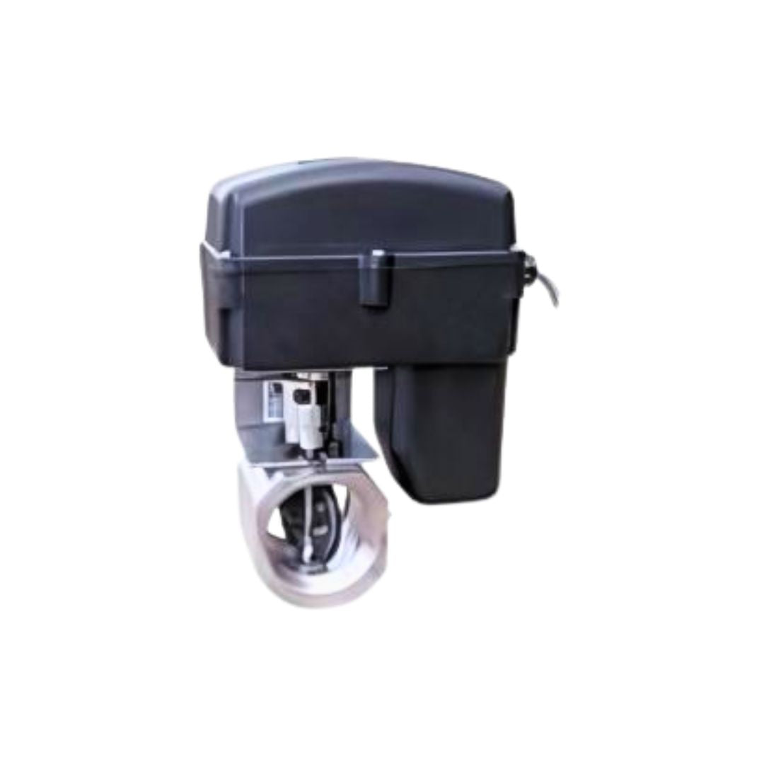 The Raven Control Valve - 3" NPT Butterfly, Stainless Steel (063-0172-181) by Raven features a black and silver electric actuator with a rectangular housing on top and a stainless steel butterfly valve component below, designed for precision control in high-pressure systems.