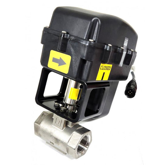 The Raven 1" FPT Fast/Close NH3 Control Valve, featuring a black electric actuator, silver valve, and a casing with "CLOSED" and an arrow indicator, is ideal for agricultural environments.