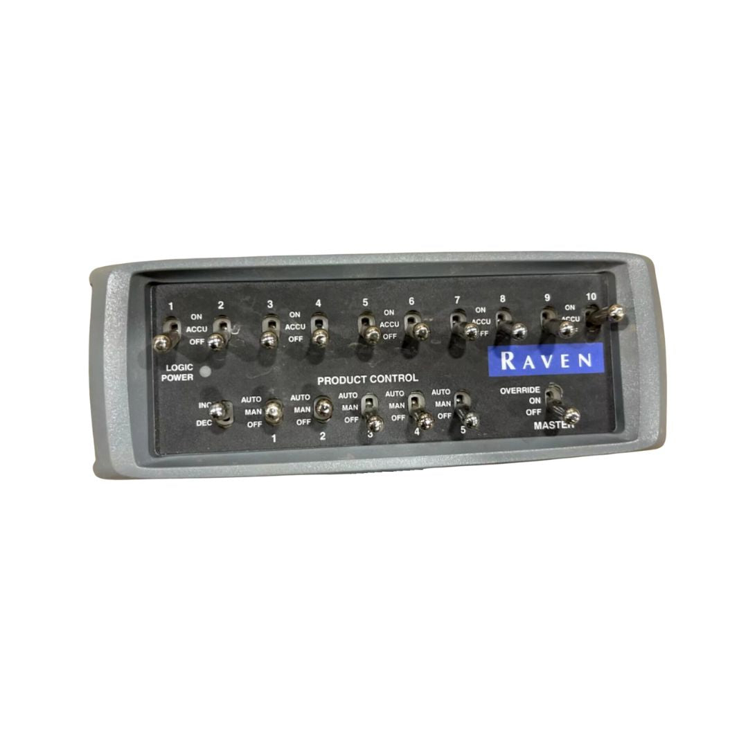 Raven product control panel with multiple toggle switches for logic power, product control sections (1 to 10), auto/manual/off modes, and override/master functions.