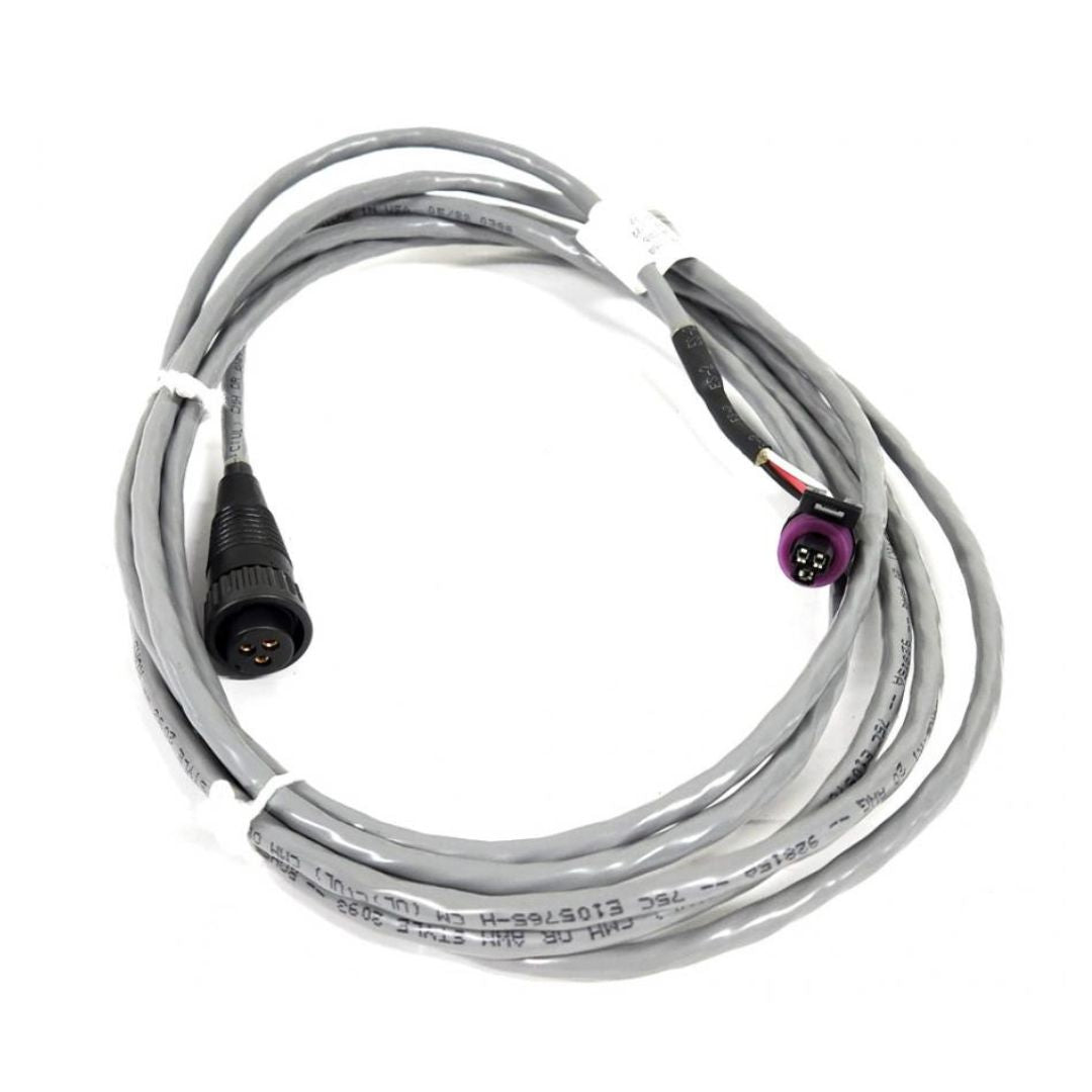 A coiled gray Raven Pressure Transducer Sensor Extension Cable - 12' (115-0171-151) with black and purple connectors at each end is arranged on a white background.