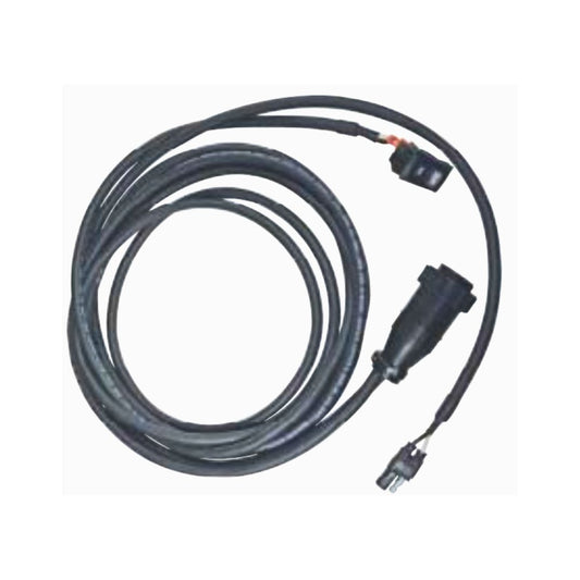 Black coiled electrical cable with connectors on both ends, including a larger cylindrical connector and a smaller compact connector, designed for automotive or industrial applications.