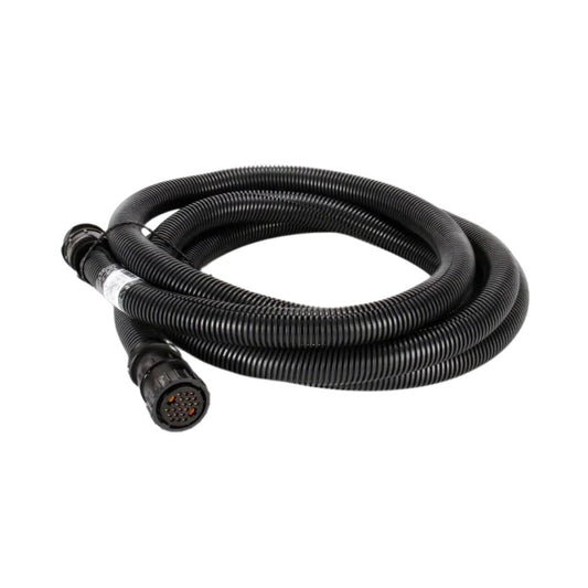 Raven Extension Cable - 24' for SCS 460/660 Systems (115-0159-717), a coiled black corrugated extension cable with connectors on both ends, isolated on a white background. Ideal for use in SCS 460/660 systems and agricultural sprayer systems.