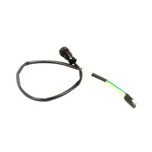 The Raven Cable Adapter - 2-Pin to 4-Pin DJ Hydraulic Valve (115-0159-884) by Raven, featuring a black electrical wire with a cylindrical connector at one end and three colored wires (green, yellow, and blue) at the other end, is ideal for hydraulic valve integration.