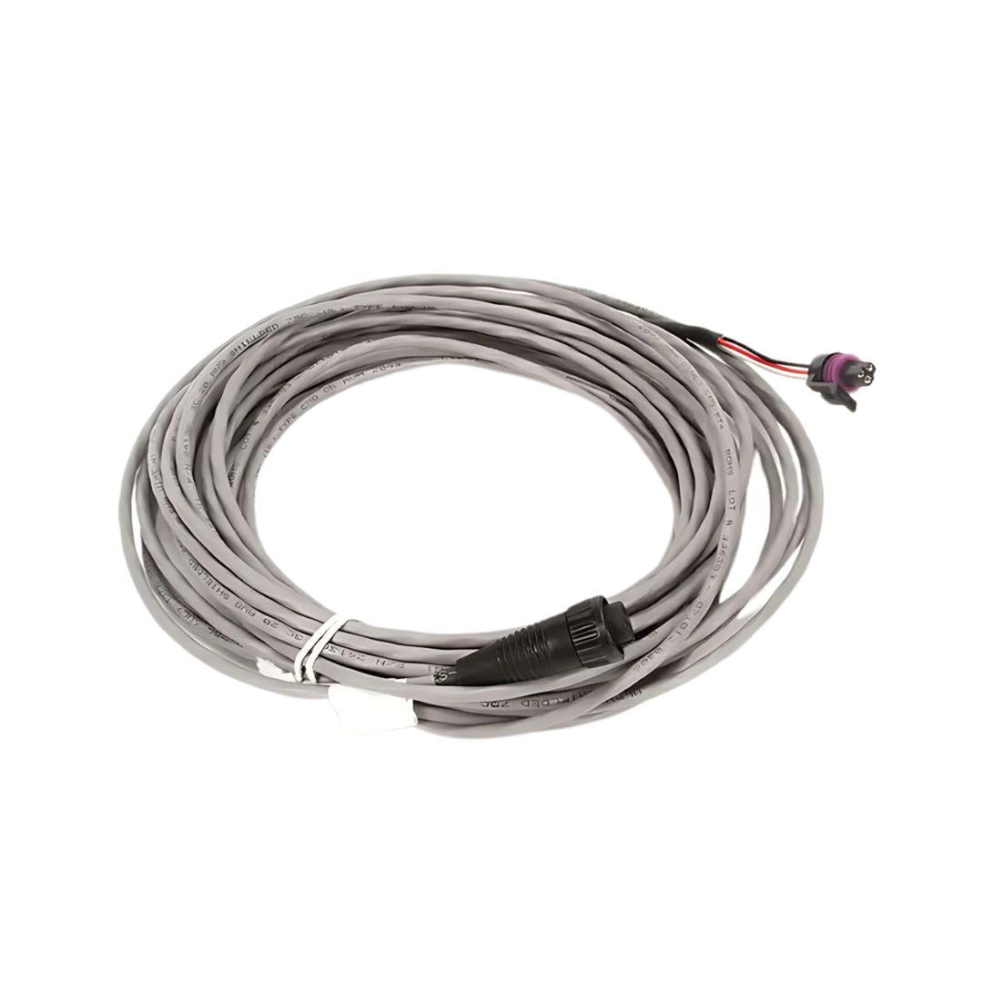 Coiled gray wiring harness with a multi-pin connector and a black connector in the middle, bundled with a white twist tie, designed for electrical connections in automotive or industrial applications.