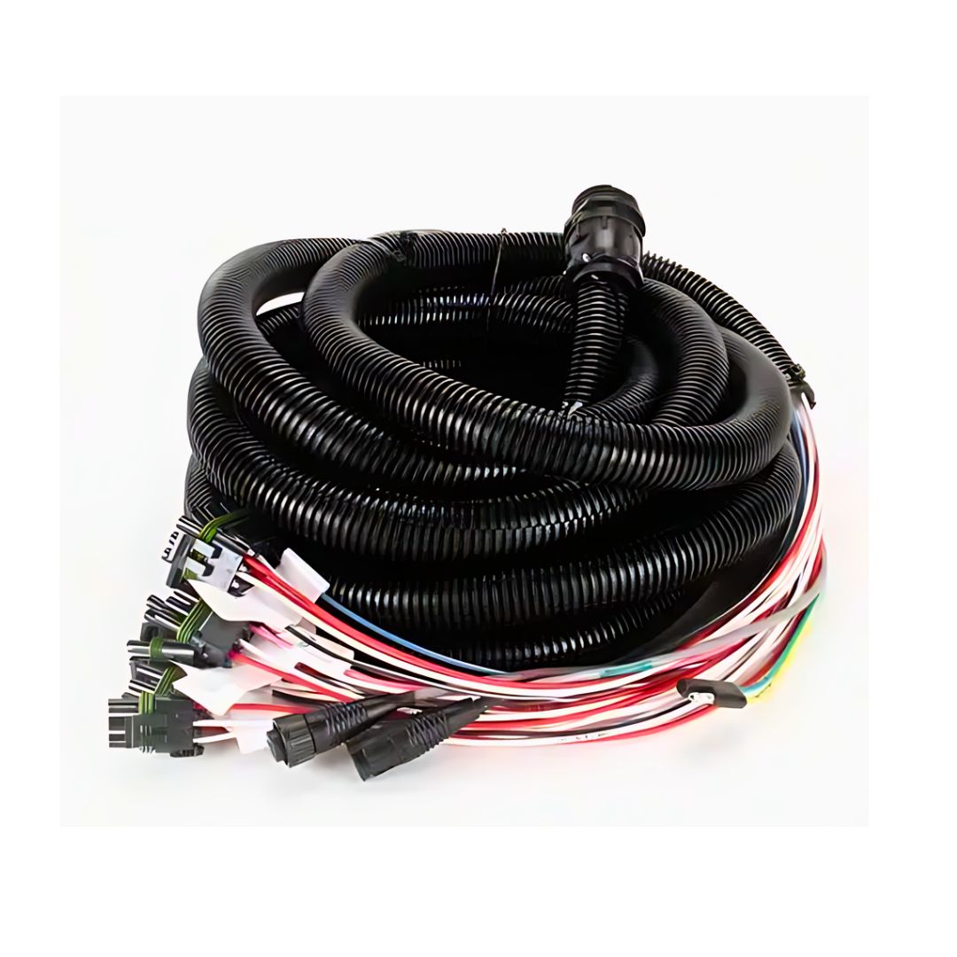 Coiled automotive wiring harness with a black corrugated sleeve and multiple colored wires with connectors, designed for integrating electrical components in a vehicle