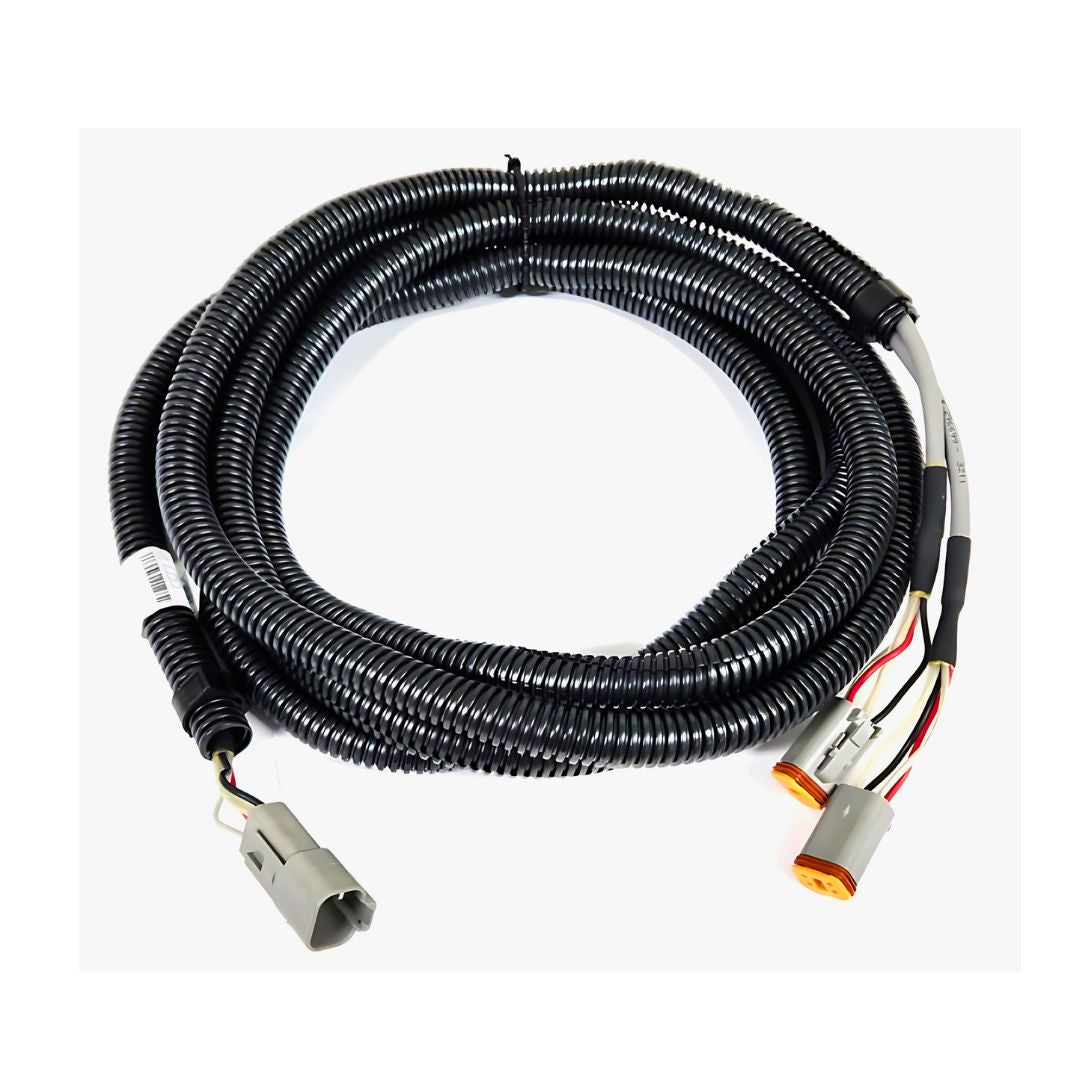 Coiled wiring harness with a black corrugated protective sleeve and multiple connectors, including a gray rectangular connector and several multi-pin connectors, designed for complex electrical systems in automotive or industrial applications.