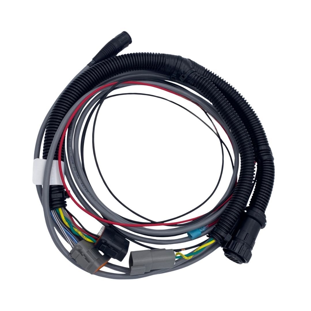 The Raven CAN Boom Sense/Speed Node Cable to 10 Boom Switchbox (115-0171-405) is a coiled automotive wiring harness featuring multiple connectors, colored wires, and corrugated protective sleeving that integrates CAN Technology for seamless communication.