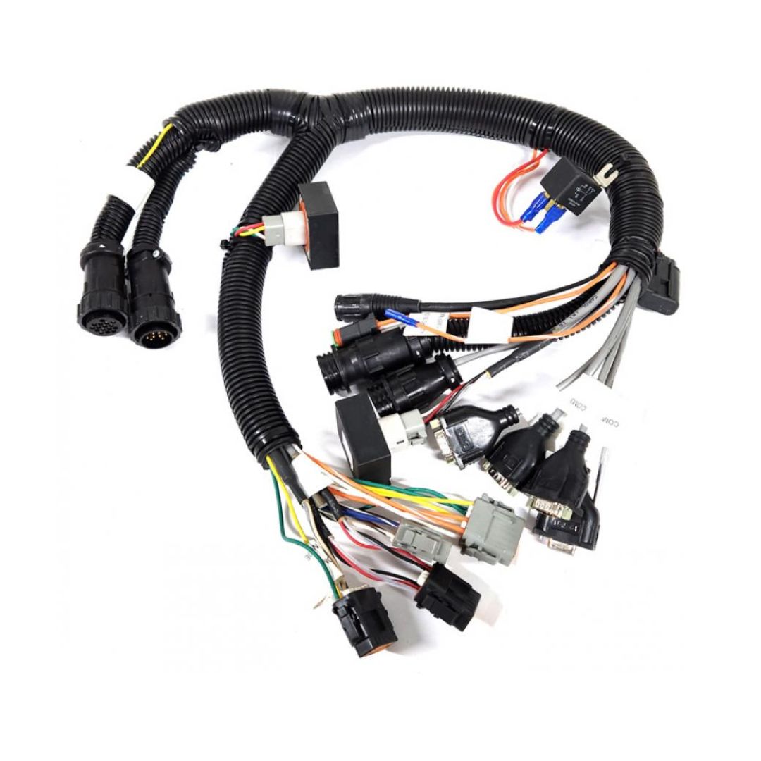 A complex set of colorful automotive wiring harnesses with connectors and plugs, including a Raven Interface Adapter Cable - 2' Viper Pro to 460/660/661 (115-0171-763) by Raven, isolated on a white background.