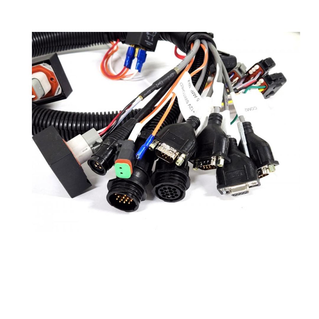 A bundled set of various electrical connectors and cables, including VGA, RJ45, and other industrial connectors, along with the Raven Interface Adapter Cable - 2' Viper Pro to 460/660/661 (115-0171-763) compatible with Viper Pro and Envizio Pro for AGCO equipment.