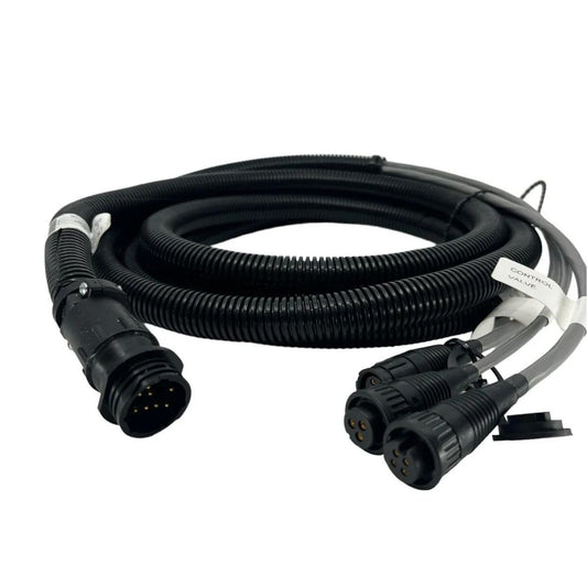 The Raven Cable 12' Prod NH3 Single Sec by Raven is a coiled multi-pin cable featuring three smaller connectors and a larger main connector, perfect for electrical or data connections.