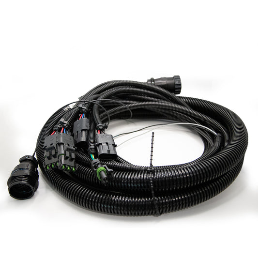 A coiled black Raven Cable 12' Extension SCS featuring multiple connectors and colorful wires, displayed on a white background.