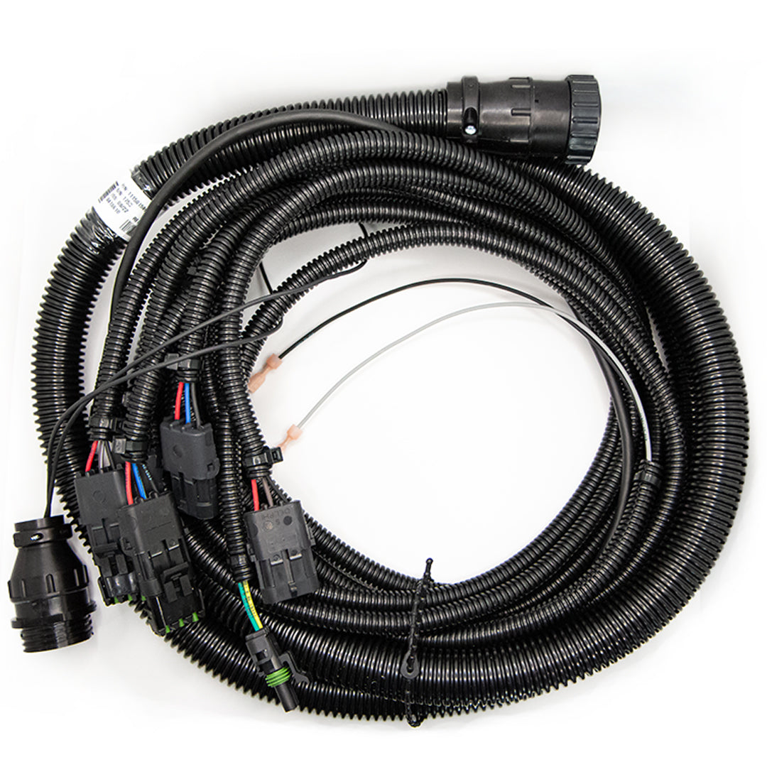 The Raven Cable 12' Extension SCS is a black coiled automotive wiring harness with multiple connectors and wires, specifically designed for vehicle electrical systems and compatible with Raven's SCS control consoles.