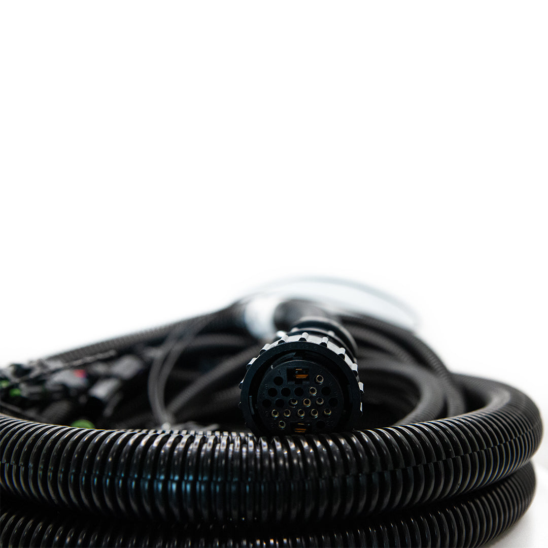 Close-up of a coiled black cable with a multi-pin connector at the end, isolated on a white background. This premium Raven Cable 12' Extension SCS is perfect for use with Hawkeye systems and Raven's SCS control consoles.