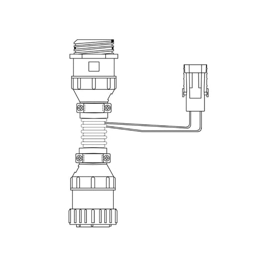 A technical drawing of the Raven Cable Power 4-6 Section Boom - 6' Extension (115-0171-844) assembly, featuring a T-shaped connector, coiled section, and two distinct ends—one with a plug—ideal for use in agricultural equipment such as sprayer extensions.