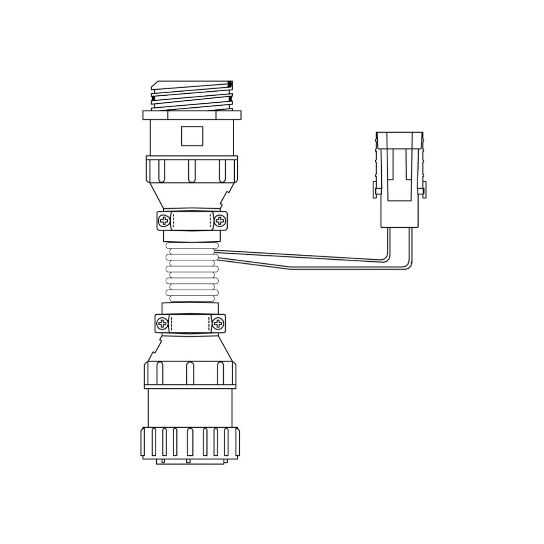 A technical drawing of the Raven Cable Power 4-6 Section Boom - 6' Extension (115-0171-844) assembly, featuring a T-shaped connector, coiled section, and two distinct ends—one with a plug—ideal for use in agricultural equipment such as sprayer extensions.