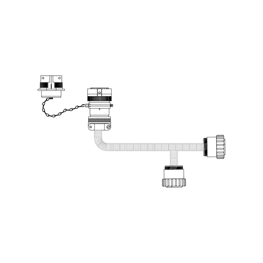 A black and white illustration of the Raven CAN/Power Implement Tee Cable - 24 Foot Extension (115-0171-917) by Raven, featuring various valves, flexible hose attachments, and a precision-associated Raven CAN cable, emphasizing its potential use in precision farming applications.